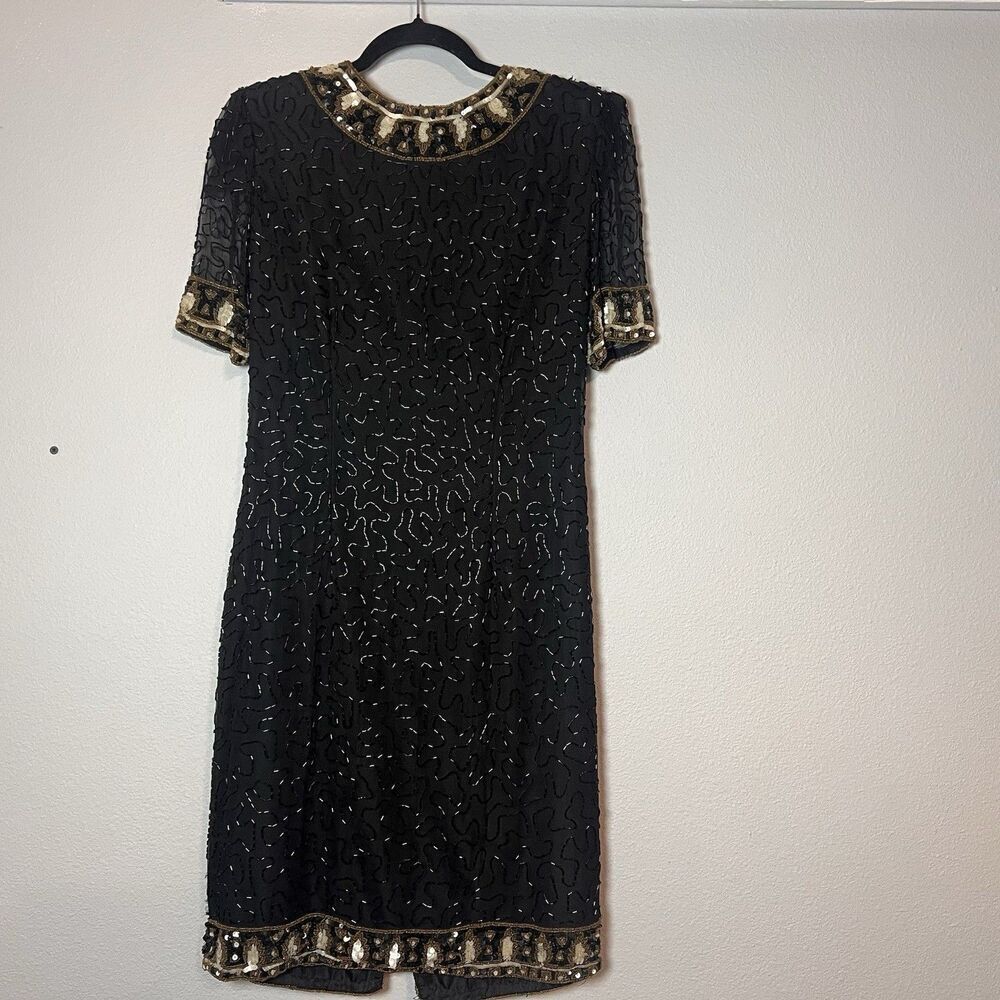 Laurence Kazar Sheath Dress Vintage Pure Silk Black Gold Beaded Size Small